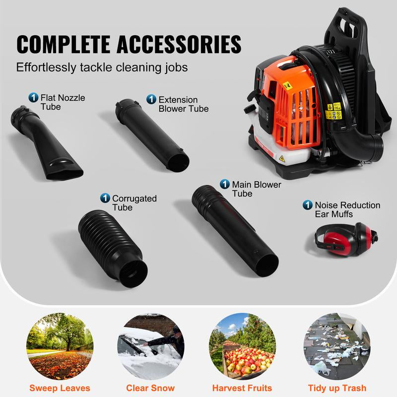 VEVOR Backpack Leaf Blower, 2-Cycle Leaf Blower with 1.37L Fuel Tank, 480CFM Air Volume 175MPH Speed, Ideal for Lawn Care, Leaf Cleaning, and Snow Removal， Suitable for Lawn Care, Yard, Sidewalk, Garage Cleaning Speaker