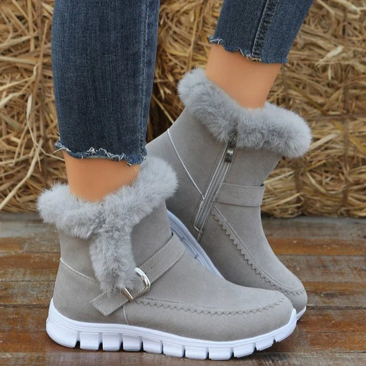 New Snow Boots Winter Warm Thickened Solid Color Plush Ankle Boots with Buckle Design plus Velvet Flat Shoes for Women