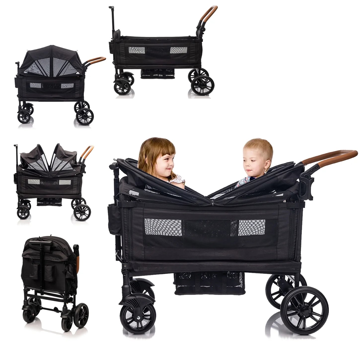 Wagon Stroller for 2 Kids & Cargo for Newborn Toddler with 5-Point Harness, Adjustable Handle Bar and Canopy