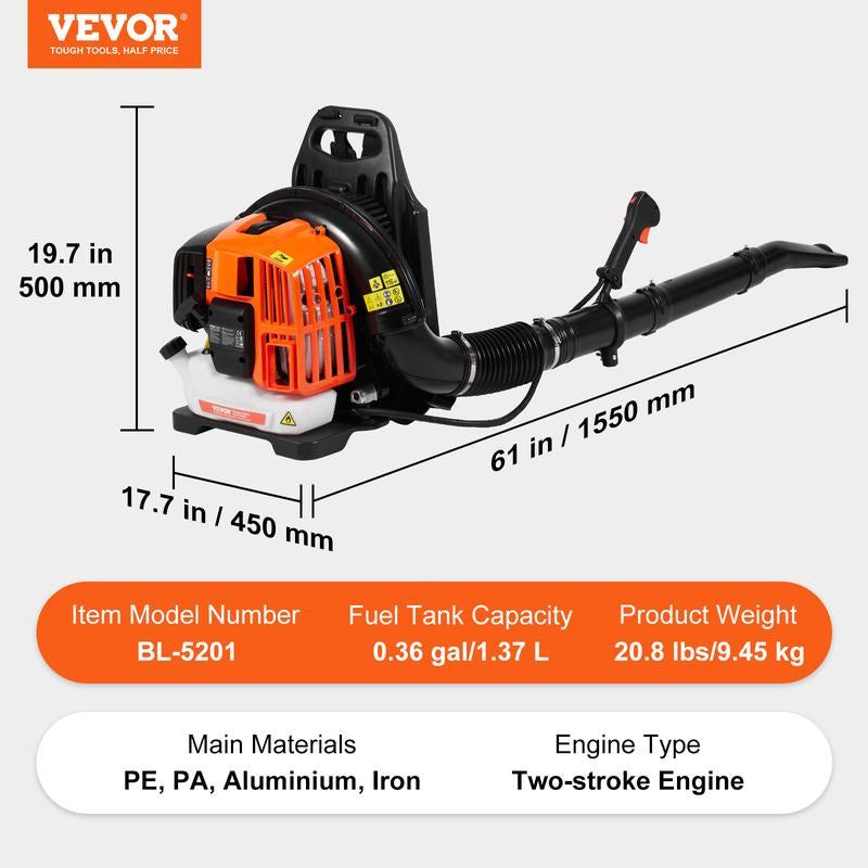 VEVOR Backpack Leaf Blower, 2-Cycle Leaf Blower with 1.37L Fuel Tank, 480CFM Air Volume 175MPH Speed, Ideal for Lawn Care, Leaf Cleaning, and Snow Removal， Suitable for Lawn Care, Yard, Sidewalk, Garage Cleaning Speaker