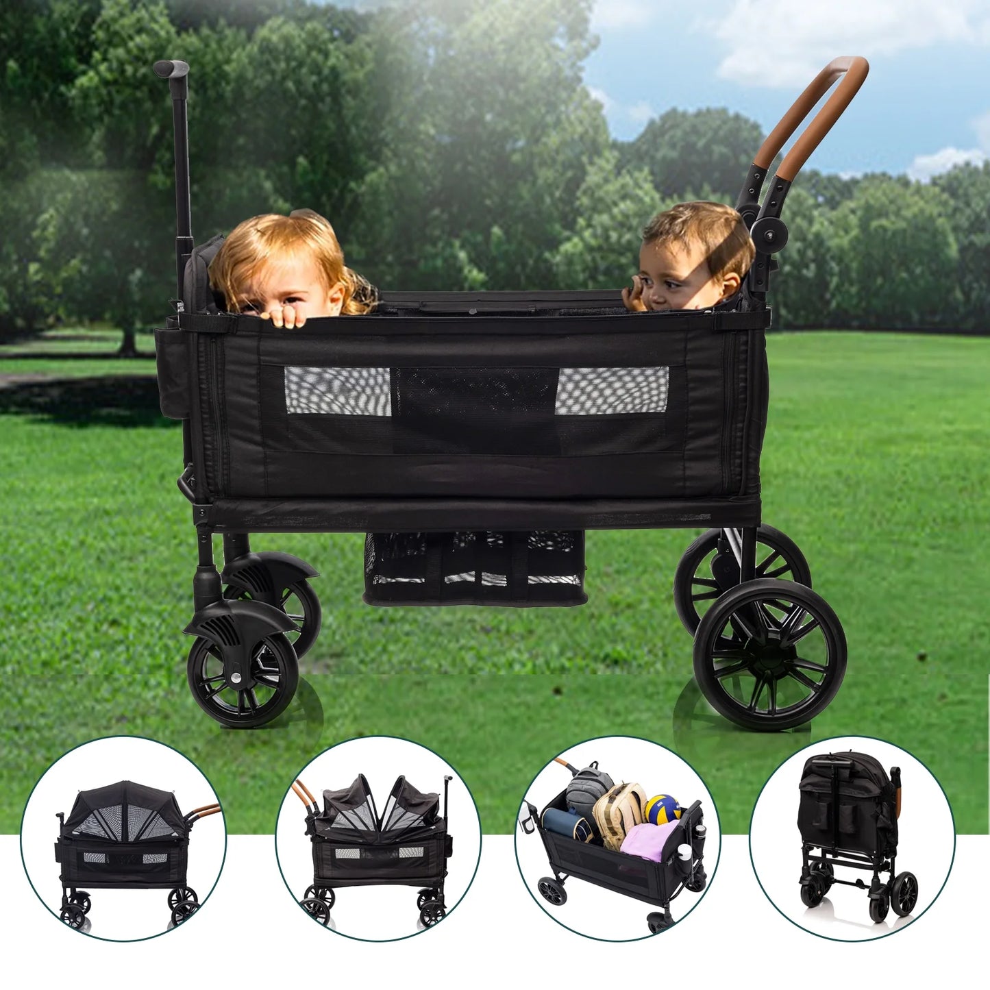 Wagon Stroller for 2 Kids & Cargo for Newborn Toddler with 5-Point Harness, Adjustable Handle Bar and Canopy