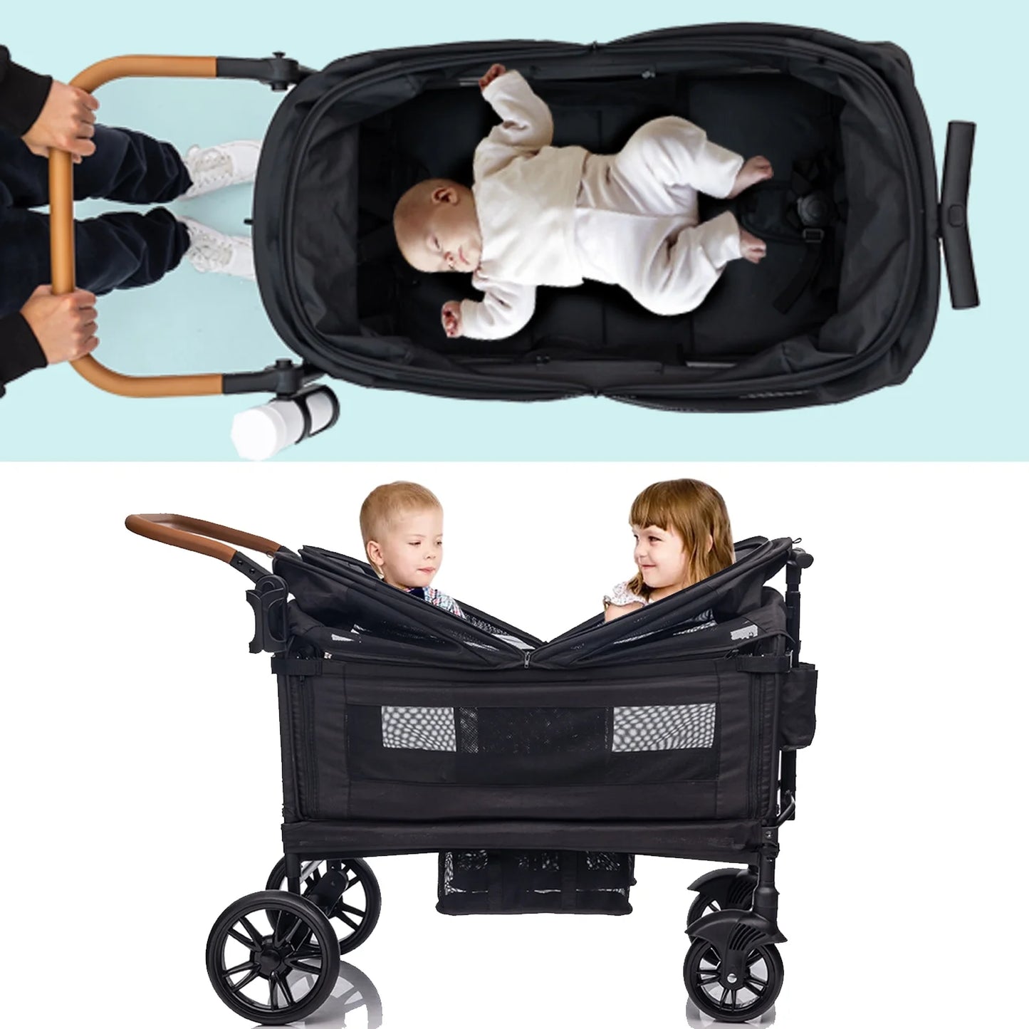 Wagon Stroller for 2 Kids & Cargo for Newborn Toddler with 5-Point Harness, Adjustable Handle Bar and Canopy