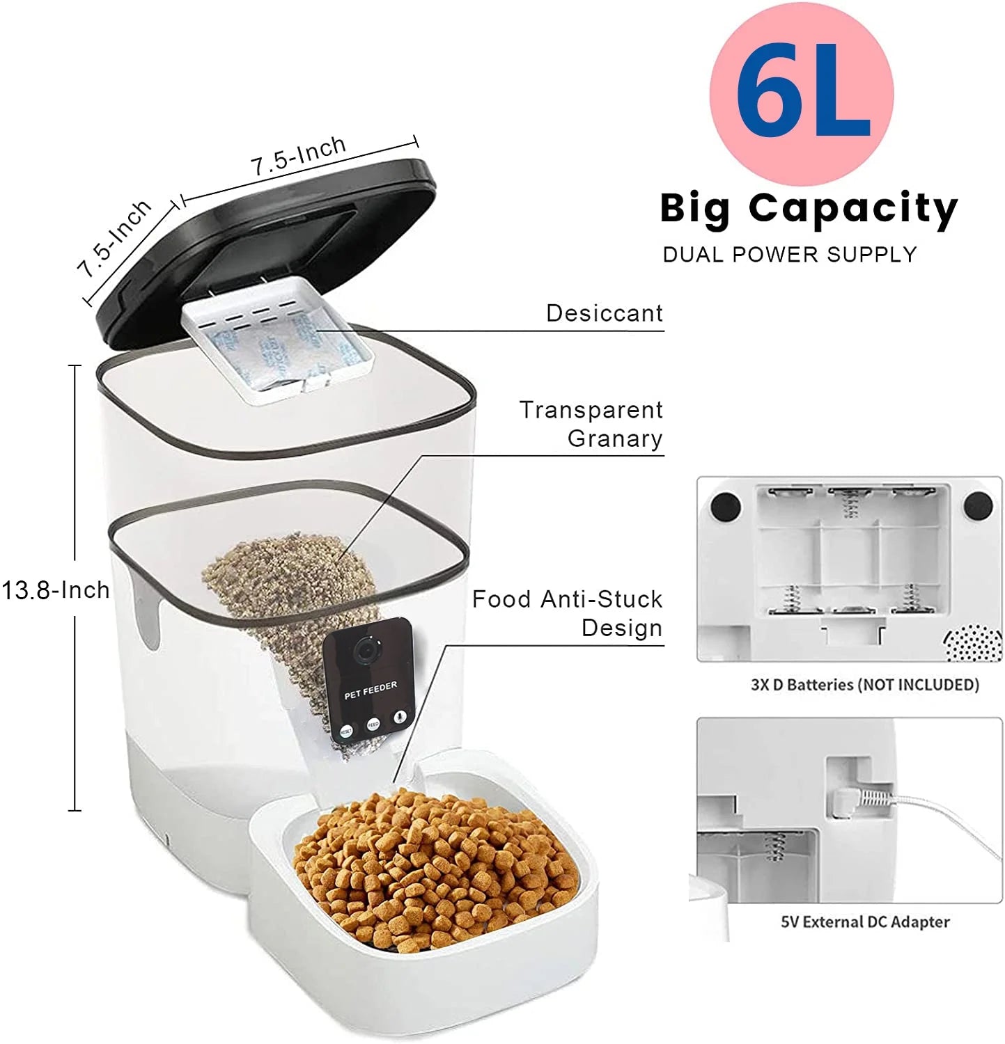 6L Automatic Pet Feeder for Cats and Dogs, Wifi Pet Food Dispenser with App Control