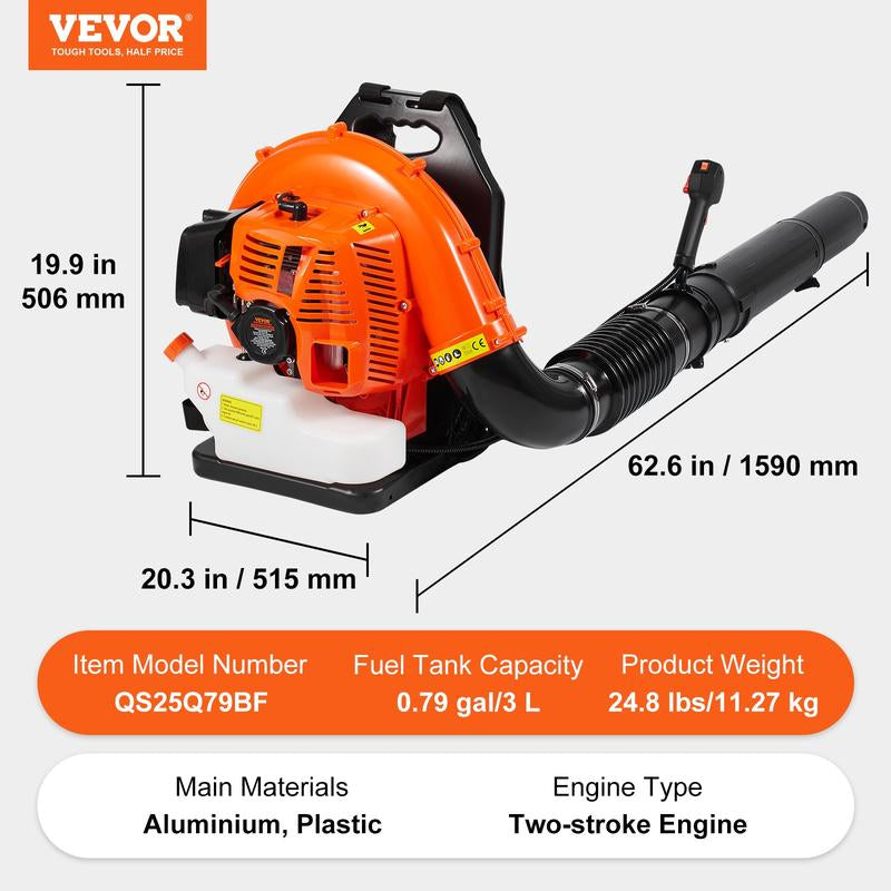 VEVOR Backpack Leaf Blower, 2-Cycle Leaf Blower with 1.37L Fuel Tank, 480CFM Air Volume 175MPH Speed, Ideal for Lawn Care, Leaf Cleaning, and Snow Removal， Suitable for Lawn Care, Yard, Sidewalk, Garage Cleaning Speaker