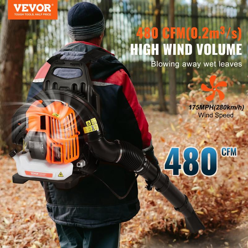 VEVOR Backpack Leaf Blower, 2-Cycle Leaf Blower with 1.37L Fuel Tank, 480CFM Air Volume 175MPH Speed, Ideal for Lawn Care, Leaf Cleaning, and Snow Removal， Suitable for Lawn Care, Yard, Sidewalk, Garage Cleaning Speaker