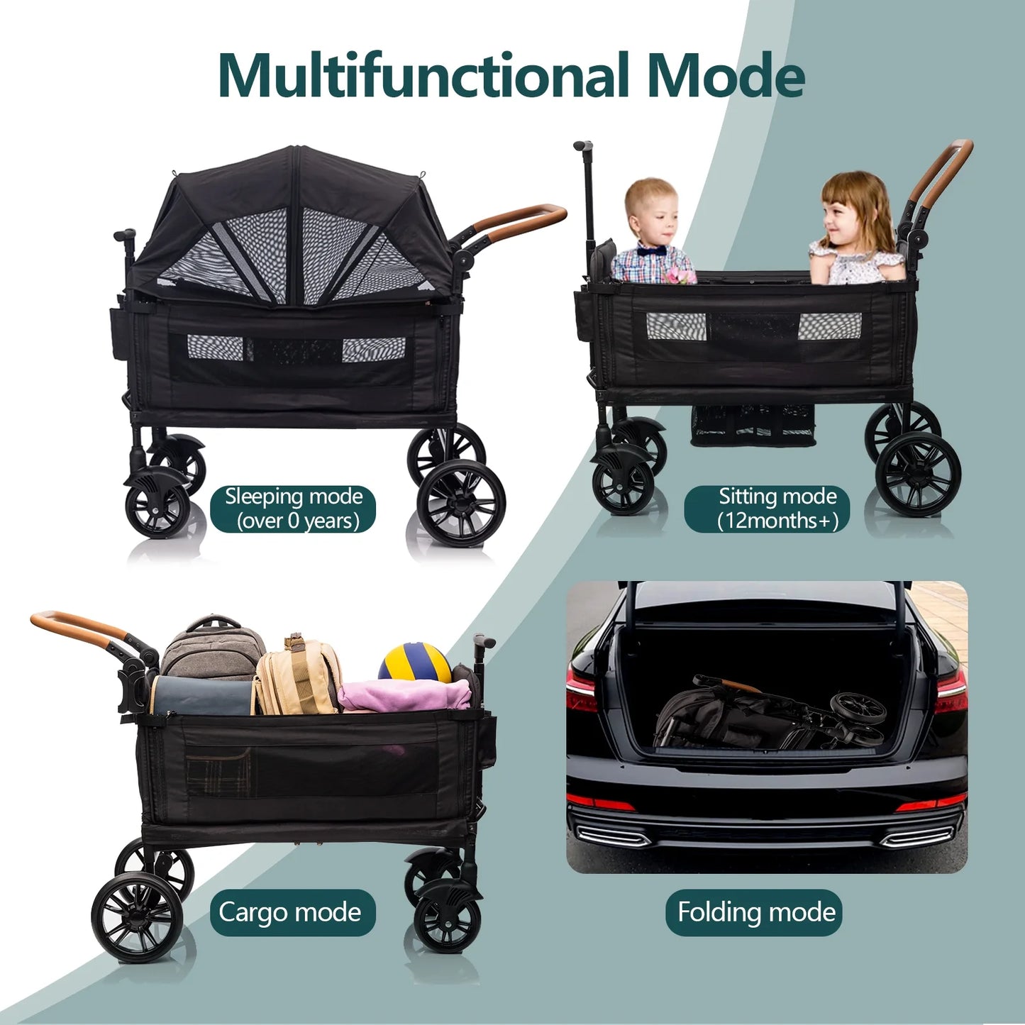 Wagon Stroller for 2 Kids & Cargo for Newborn Toddler with 5-Point Harness, Adjustable Handle Bar and Canopy