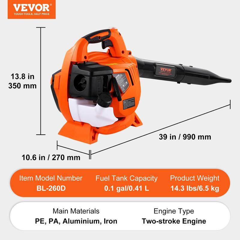 VEVOR Backpack Leaf Blower, 2-Cycle Leaf Blower with 1.37L Fuel Tank, 480CFM Air Volume 175MPH Speed, Ideal for Lawn Care, Leaf Cleaning, and Snow Removal， Suitable for Lawn Care, Yard, Sidewalk, Garage Cleaning Speaker